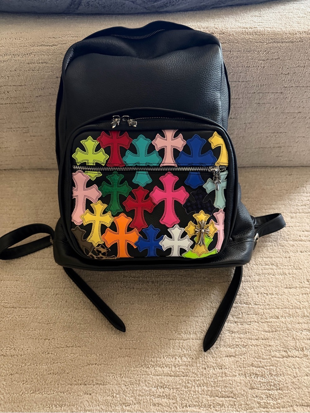 Chrome Hearts Black Backpack with Multicolor Cross Appliqués
